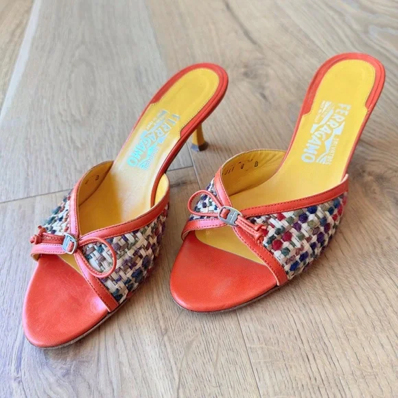 Salvatore Ferragamo Carolin Tweed Mule Lacquer Kitten Heel, Orange, Size 8, EUC - Picture 2 of 10